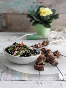 Spiced lamb skewers with blackberry couscous and asparagus 1
