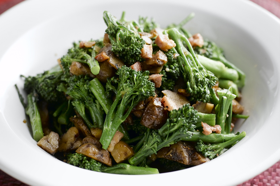 Tenderstem Broccoli Tossed in Butter with Chestnuts, Black Pepper and Pancetta